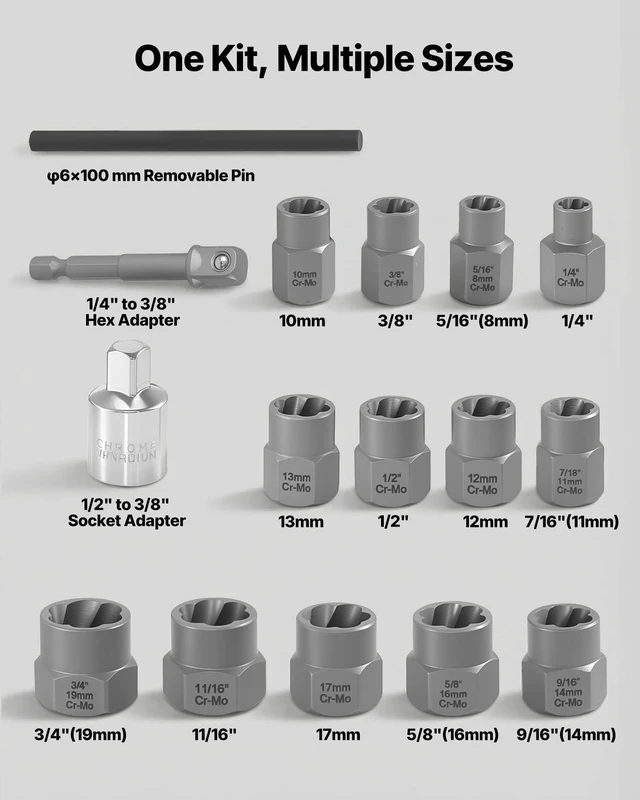 Alt view image 2 of 8 - VEVOR Bolt Extractor Kit, 16 Pieces Impact Bolt & Nut Remover Set with Adapters and Pin Punch, Solid Storage Case, Cr-Mo Steel for Removing Damaged, Rusted, Stripped, Rounded Bolts, Nuts and Screws