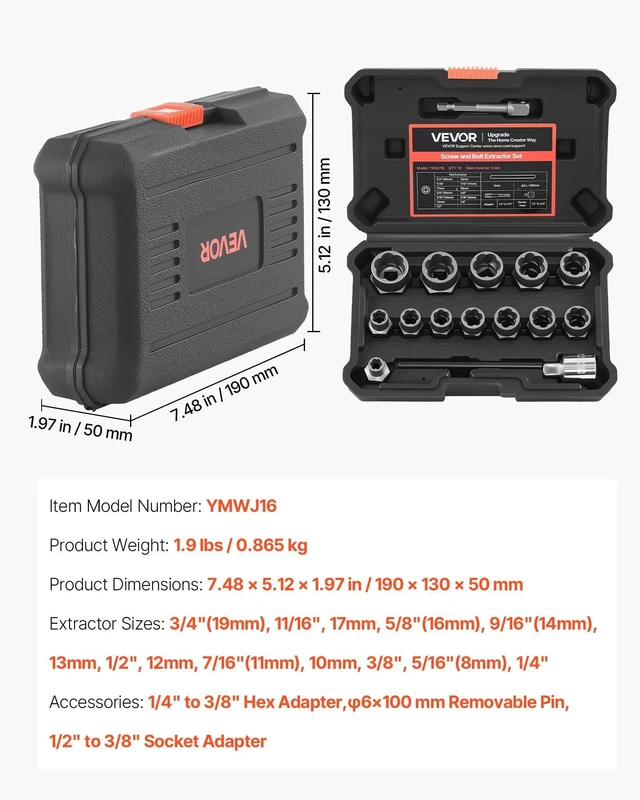 Alt view image 7 of 8 - VEVOR Bolt Extractor Kit, 16 Pieces Impact Bolt & Nut Remover Set with Adapters and Pin Punch, Solid Storage Case, Cr-Mo Steel for Removing Damaged, Rusted, Stripped, Rounded Bolts, Nuts and Screws