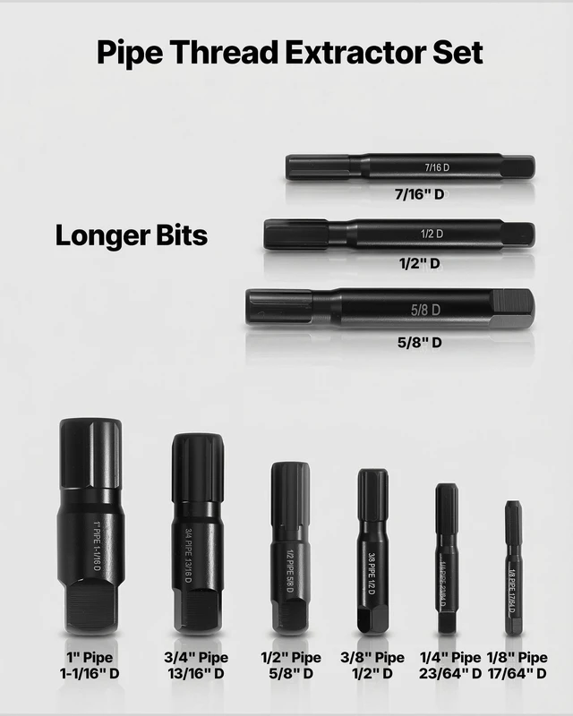 Alt view image 2 of 8 - VEVOR Pipe Extractor Set, 9 Pieces Heavy Duty Steel Broken Pipe Extractors, with Solid Storage Case, Cr-Mo Steel for Removing 1/8" to 1" Damaged Threaded Pipes and Fittings, for Plumbers Mechanics DIY