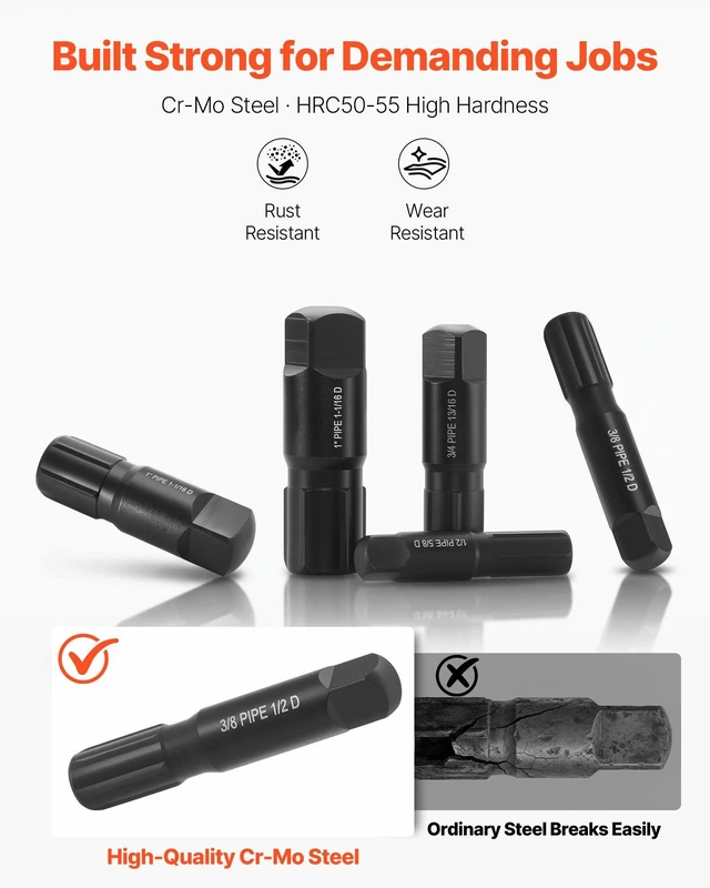 Alt view image 3 of 8 - VEVOR Pipe Extractor Set, 9 Pieces Heavy Duty Steel Broken Pipe Extractors, with Solid Storage Case, Cr-Mo Steel for Removing 1/8" to 1" Damaged Threaded Pipes and Fittings, for Plumbers Mechanics DIY