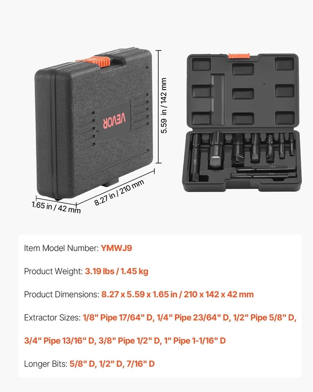 Alt view image 7 of 8 - VEVOR Pipe Extractor Set, 9 Pieces Heavy Duty Steel Broken Pipe Extractors, with Solid Storage Case, Cr-Mo Steel for Removing 1/8" to 1" Damaged Threaded Pipes and Fittings, for Plumbers Mechanics DIY