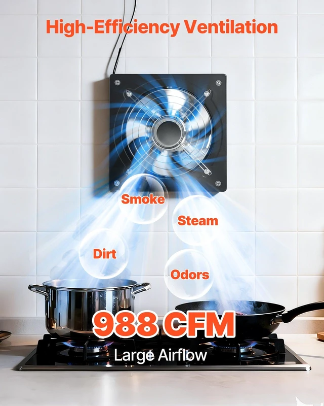 Alt view image 2 of 8 - VEVOR 10 Inch Exhaust Fan, 988 CFM High Velocity Wall Mount Vent Fan with On/Off Control, Low Consumption, Portable Ventilation Extractor for Attic,Garage,Basement,Workshop,Kitchen, Chicken Coop,Black