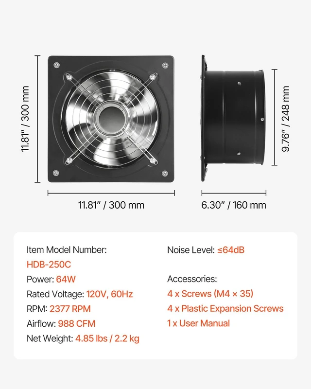 Alt view image 7 of 8 - VEVOR 10 Inch Exhaust Fan, 988 CFM High Velocity Wall Mount Vent Fan with On/Off Control, Low Consumption, Portable Ventilation Extractor for Attic,Garage,Basement,Workshop,Kitchen, Chicken Coop,Black
