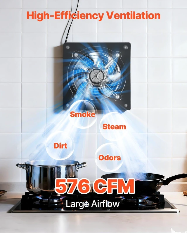 Alt view image 2 of 8 - VEVOR 8 Inch Exhaust Fan, 576 CFM High Velocity Wall Mount Vent Fan with On/Off Control, Low Consumption, Portable Ventilation Extractor for Attic,Garage,Basement,Workshop,Kitchen, Chicken Coop,Black