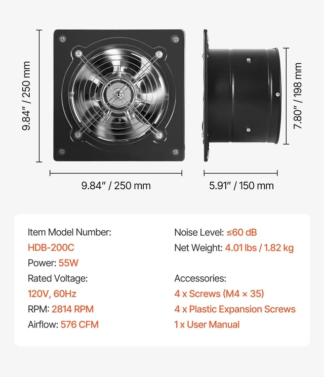 Alt view image 7 of 8 - VEVOR 8 Inch Exhaust Fan, 576 CFM High Velocity Wall Mount Vent Fan with On/Off Control, Low Consumption, Portable Ventilation Extractor for Attic,Garage,Basement,Workshop,Kitchen, Chicken Coop,Black