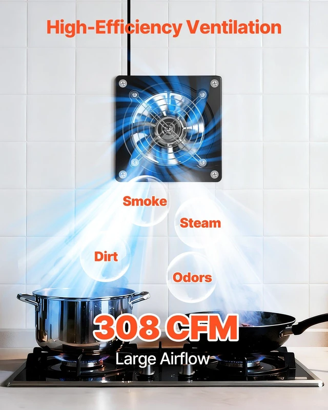 Alt view image 2 of 8 - VEVOR 6 Inch Exhaust Fan, 308 CFM High Velocity Wall Mount Vent Fan with On/Off Control, Low Consumption, Portable Ventilation Extractor for Attic,Garage,Basement,Workshop,Kitchen, Chicken Coop,Black