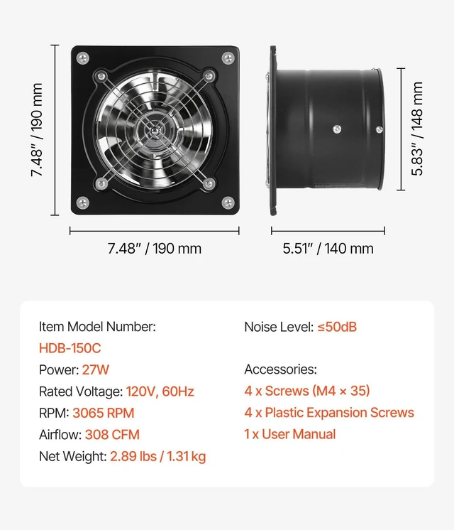 Alt view image 7 of 8 - VEVOR 6 Inch Exhaust Fan, 308 CFM High Velocity Wall Mount Vent Fan with On/Off Control, Low Consumption, Portable Ventilation Extractor for Attic,Garage,Basement,Workshop,Kitchen, Chicken Coop,Black