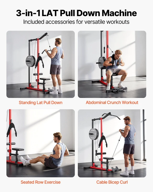Alt view image 2 of 8 - VEVOR LAT Pull Down Machine, 3-in-1 Row Cable Machine, Cable Machines Home Gym with 3-Level Adjustable Seat, 4-Level Adjustable Foam Roller, Load 400 lbs Lat Tower for Back, Chest, Tricep, Black