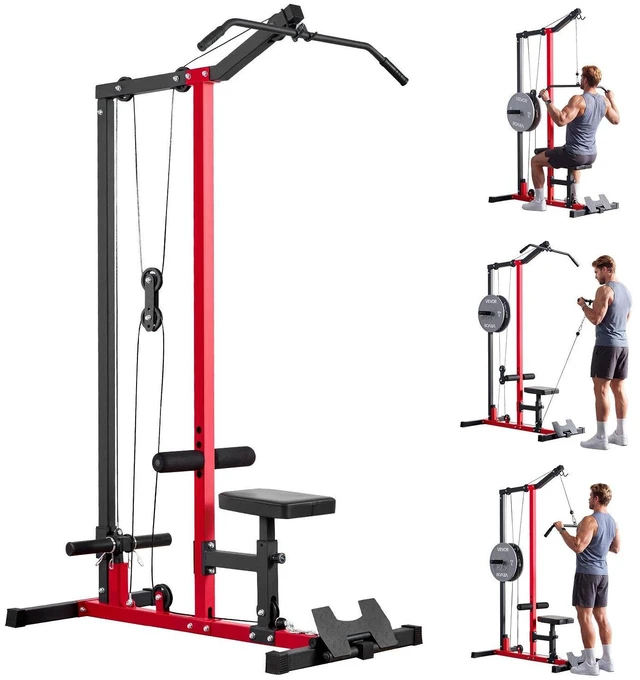 Main image of VEVOR LAT Pull Down Machine, 2-in-1 Row Cable Machine, Cable Machines Home Gym with 3-Level Adjustable Seat, 4-Level Adjustable Foam Roller, Load 500 lbs Lat Tower for Back, Chest, Tricep, Black Red