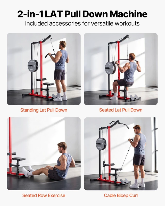 Alt view image 2 of 8 - VEVOR LAT Pull Down Machine, 2-in-1 Row Cable Machine, Cable Machines Home Gym with 3-Level Adjustable Seat, 4-Level Adjustable Foam Roller, Load 500 lbs Lat Tower for Back, Chest, Tricep, Black Red
