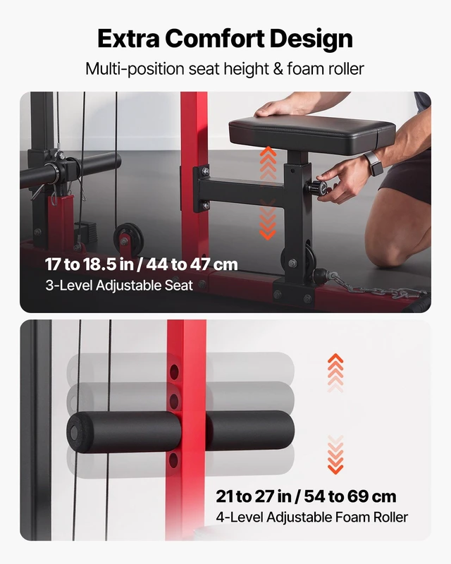Alt view image 6 of 8 - VEVOR LAT Pull Down Machine, 2-in-1 Row Cable Machine, Cable Machines Home Gym with 3-Level Adjustable Seat, 4-Level Adjustable Foam Roller, Load 500 lbs Lat Tower for Back, Chest, Tricep, Black Red