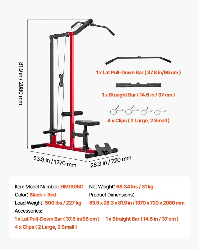 Alt view image 7 of 8 - VEVOR LAT Pull Down Machine, 2-in-1 Row Cable Machine, Cable Machines Home Gym with 3-Level Adjustable Seat, 4-Level Adjustable Foam Roller, Load 500 lbs Lat Tower for Back, Chest, Tricep, Black Red