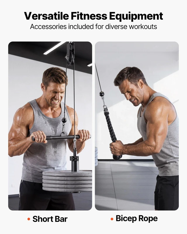 Alt view image 2 of 8 - VEVOR Pulley System, 1 PC LAT and Lift Pulley System, Gym Rack Pulleys Attachment with two Steel Cables, Short Bar, Dual Grip Handles, Cable Machine for Bicep, Shoulder, Back, Up to 280 lbs Capacity
