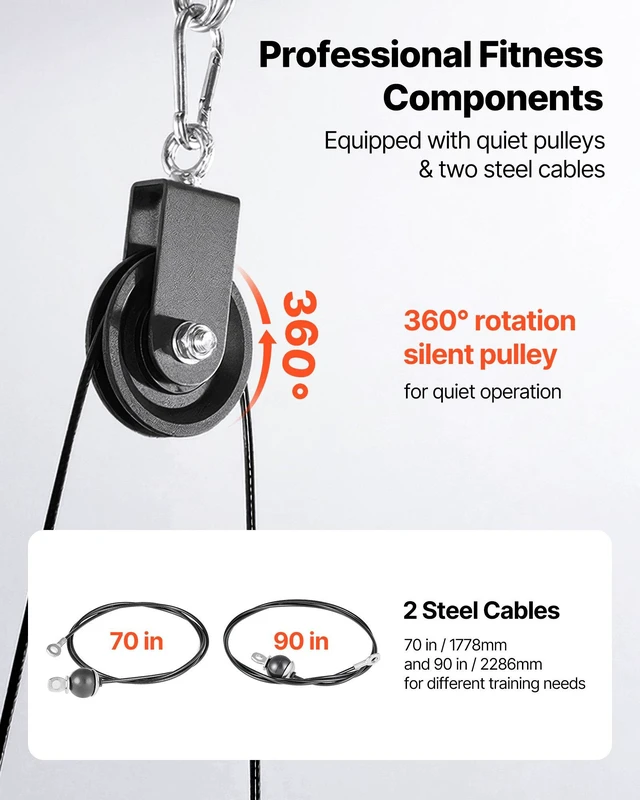 Alt view image 4 of 8 - VEVOR Pulley System, 1 PC LAT and Lift Pulley System, Gym Rack Pulleys Attachment with two Steel Cables, Short Bar, Dual Grip Handles, Cable Machine for Bicep, Shoulder, Back, Up to 280 lbs Capacity