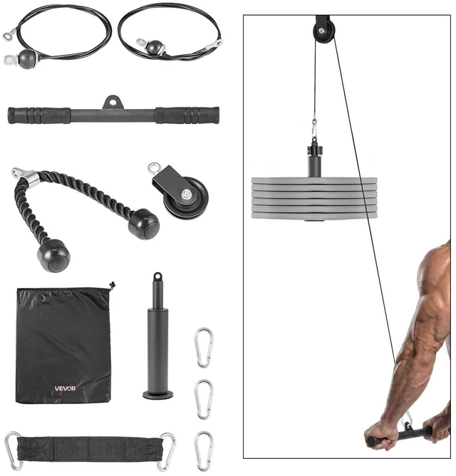 Main image of VEVOR Pulley System, 1 PC LAT and Lift Pulley System, Gym Rack Pulleys Attachment with two Steel Cables, Short Bar, Dual Grip Handles, Cable Machine for Bicep, Shoulder, Back, Up to 280 lbs Capacity