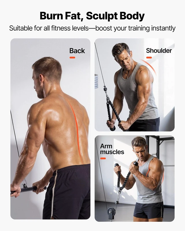 Alt view image 6 of 8 - VEVOR Pulley System, 1 PC LAT and Lift Pulley System, Gym Rack Pulleys Attachment with two Steel Cables, Short Bar, Dual Grip Handles, Cable Machine for Bicep, Shoulder, Back, Up to 280 lbs Capacity