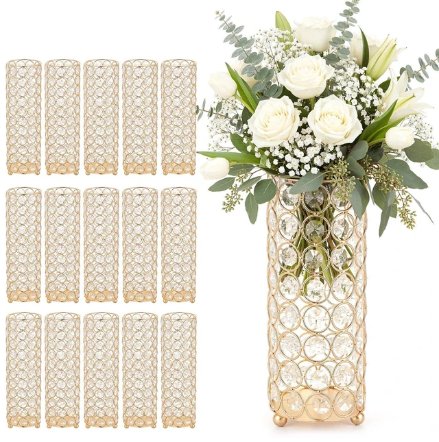 Main image of VEVOR 16 PCS Crystal Wedding Flower Vase, 10.24 in Tall Flower Table Centerpieces, Crystal Cylinder Banquet Vases Easy Installation, Versatile Arrangement Stand for Party Events Room Home Decor, Gold