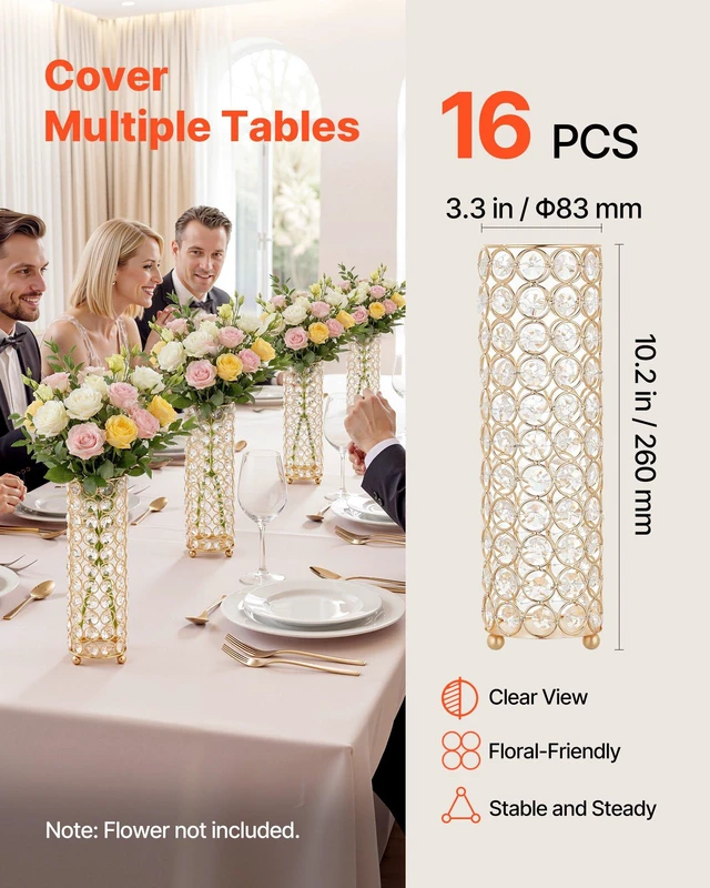 Alt view image 3 of 8 - VEVOR 16 PCS Crystal Wedding Flower Vase, 10.24 in Tall Flower Table Centerpieces, Crystal Cylinder Banquet Vases Easy Installation, Versatile Arrangement Stand for Party Events Room Home Decor, Gold