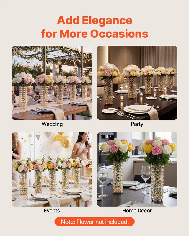 Alt view image 5 of 8 - VEVOR 16 PCS Crystal Wedding Flower Vase, 10.24 in Tall Flower Table Centerpieces, Crystal Cylinder Banquet Vases Easy Installation, Versatile Arrangement Stand for Party Events Room Home Decor, Gold