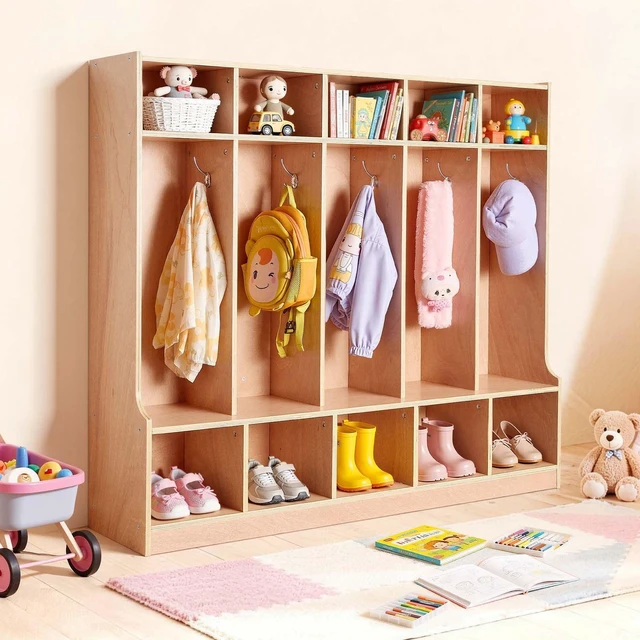 Main image of VEVOR 5-Section Kids Coat Locker, Wooden Toddler Cubby Storage Organizer with 10 Hooks & Non-Slip Mat, Modern Kid Coat Cubbies with 10 Small Open Storage Boxes for Home, Kindergarten, Daycare, Natural