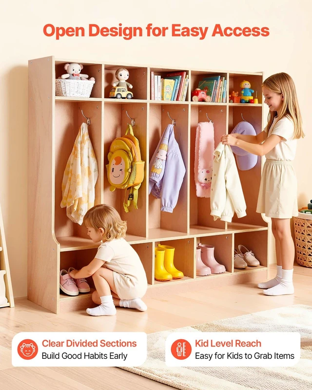 Alt view image 3 of 8 - VEVOR 5-Section Kids Coat Locker, Wooden Toddler Cubby Storage Organizer with 10 Hooks & Non-Slip Mat, Modern Kid Coat Cubbies with 10 Small Open Storage Boxes for Home, Kindergarten, Daycare, Natural
