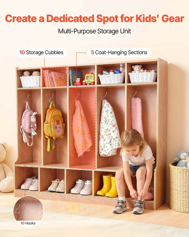 Alt view image 2 of 8 - VEVOR 5-Section Kids Coat Locker, Wooden Toddler Cubby Storage Organizer with 10 Hooks & Non-Slip Mat, Modern Kid Coat Cubbies with 10 Small Open Storage Boxes for Home, Kindergarten, Daycare, Natural