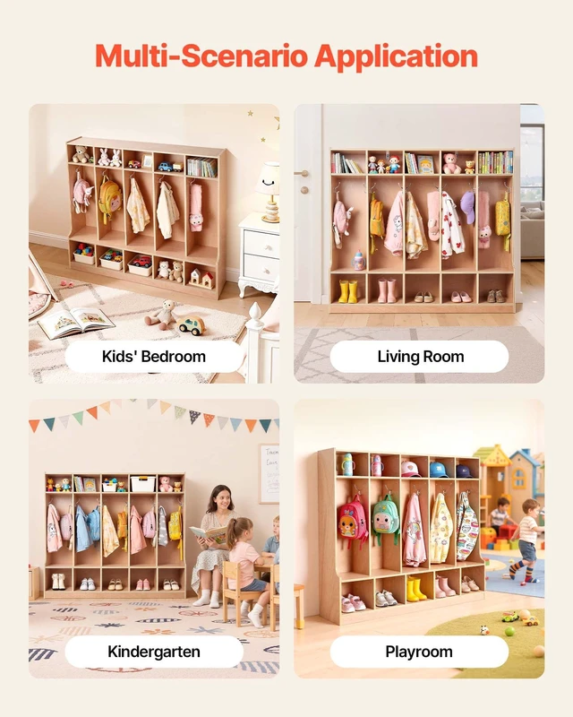 Alt view image 6 of 8 - VEVOR 5-Section Kids Coat Locker, Wooden Toddler Cubby Storage Organizer with 10 Hooks & Non-Slip Mat, Modern Kid Coat Cubbies with 10 Small Open Storage Boxes for Home, Kindergarten, Daycare, Natural