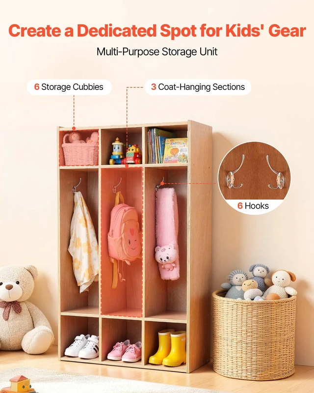 Alt view image 2 of 8 - VEVOR 3-Section Kids Coat Locker, Wooden Toddler Cubby Storage Organizer with 6 Hooks & Non-Slip Mat, Modern Kid Coat Cubbies with 6 Small Open Storage Boxes for Home, Kindergarten, Daycare, Natural