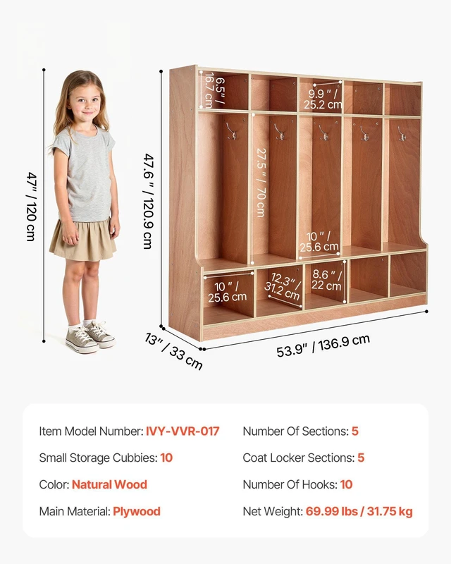 Alt view image 7 of 8 - VEVOR 5-Section Kids Coat Locker, Wooden Toddler Cubby Storage Organizer with 10 Hooks & Non-Slip Mat, Modern Kid Coat Cubbies with 10 Small Open Storage Boxes for Home, Kindergarten, Daycare, Natural