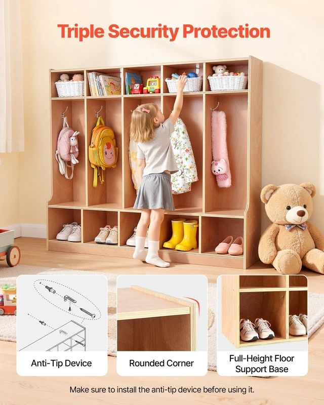Alt view image 5 of 8 - VEVOR 5-Section Kids Coat Locker, Wooden Toddler Cubby Storage Organizer with 10 Hooks & Non-Slip Mat, Modern Kid Coat Cubbies with 10 Small Open Storage Boxes for Home, Kindergarten, Daycare, Natural