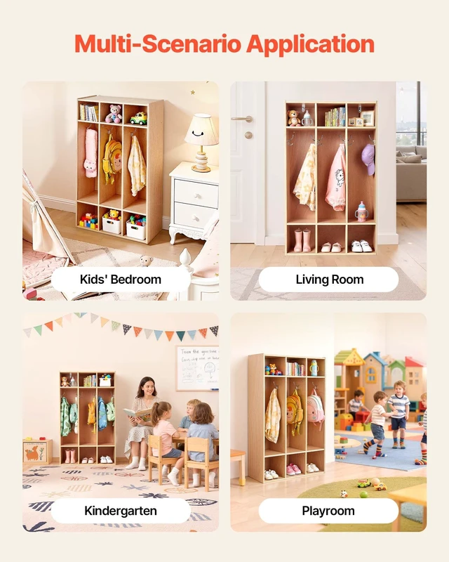 Alt view image 6 of 8 - VEVOR 3-Section Kids Coat Locker, Wooden Toddler Cubby Storage Organizer with 6 Hooks & Non-Slip Mat, Modern Kid Coat Cubbies with 6 Small Open Storage Boxes for Home, Kindergarten, Daycare, Natural
