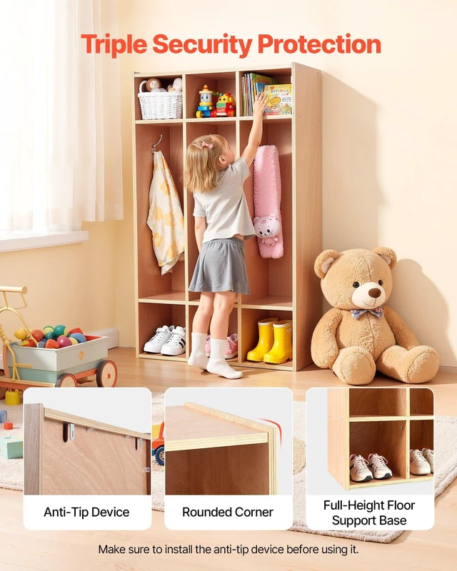 Alt view image 5 of 8 - VEVOR 3-Section Kids Coat Locker, Wooden Toddler Cubby Storage Organizer with 6 Hooks & Non-Slip Mat, Modern Kid Coat Cubbies with 6 Small Open Storage Boxes for Home, Kindergarten, Daycare, Natural