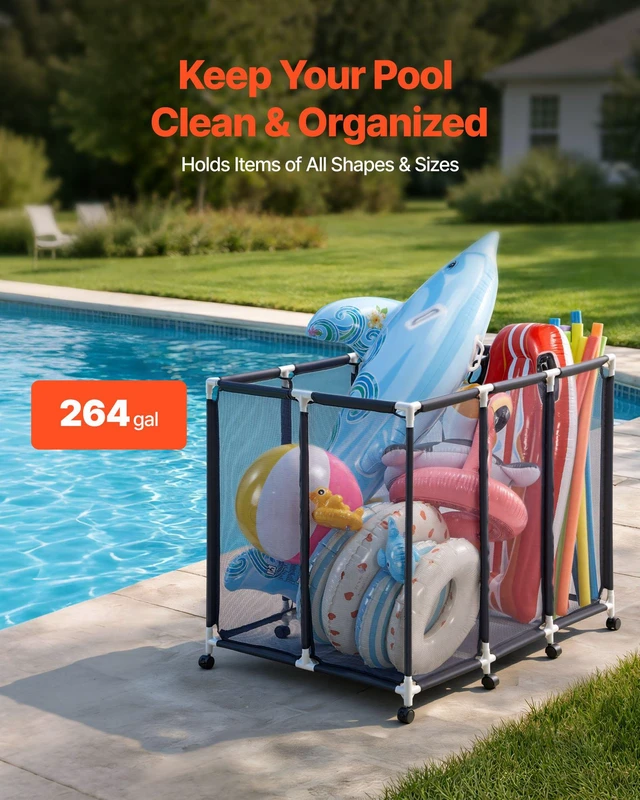 Alt view image 2 of 8 - VEVOR Pool Storage Bin, 48 x 33 x 39 in, Rolling Pool Float Storage Organizer with Casters, Durable Plastic Frame, Poolside Toys Noodles Holder, Breathable Mesh Basket for Swimming Pools
