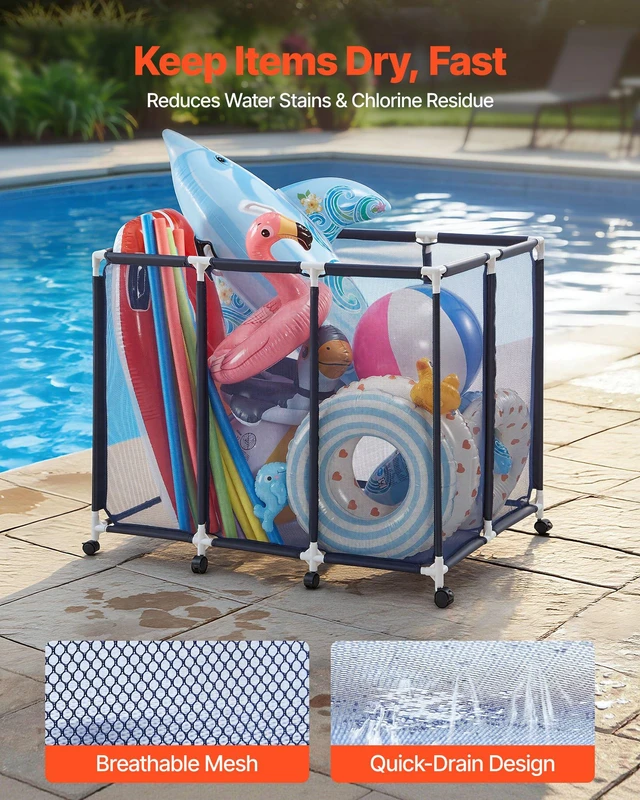 Alt view image 3 of 8 - VEVOR Pool Storage Bin, 48 x 33 x 39 in, Rolling Pool Float Storage Organizer with Casters, Durable Plastic Frame, Poolside Toys Noodles Holder, Breathable Mesh Basket for Swimming Pools