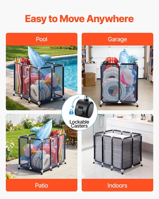 Alt view image 6 of 8 - VEVOR Pool Storage Bin, 48 x 33 x 39 in, Rolling Pool Float Storage Organizer with Casters, Durable Plastic Frame, Poolside Toys Noodles Holder, Breathable Mesh Basket for Swimming Pools