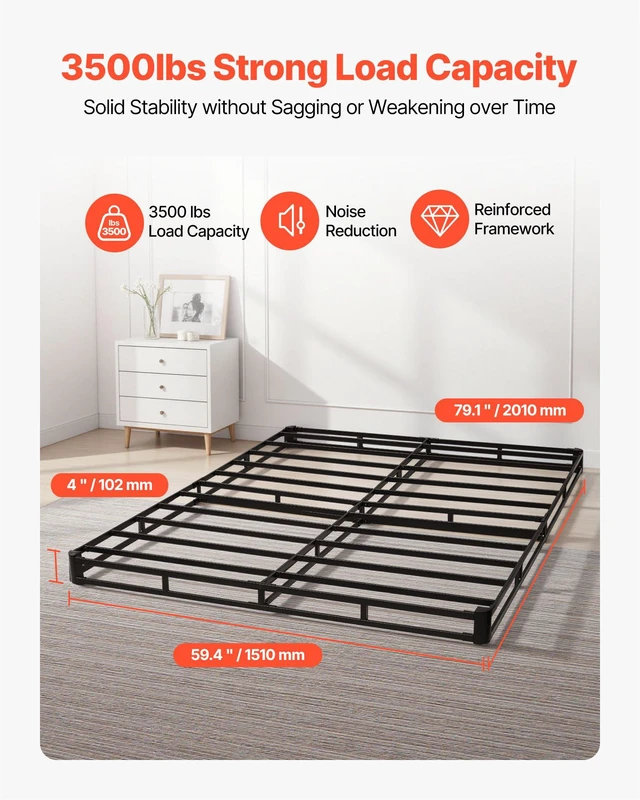 Alt view image 2 of 8 - VEVOR Box Spring, Queen Size Bed Frame with Washable Fabric Cloth, Heavy Duty Metal Frame for Queen Bed, 4 in Mattress Foundation, 3500 lbs Max Weight Capacity, Easy Assembly, 79.1 L x 59.4 W x 4 H in