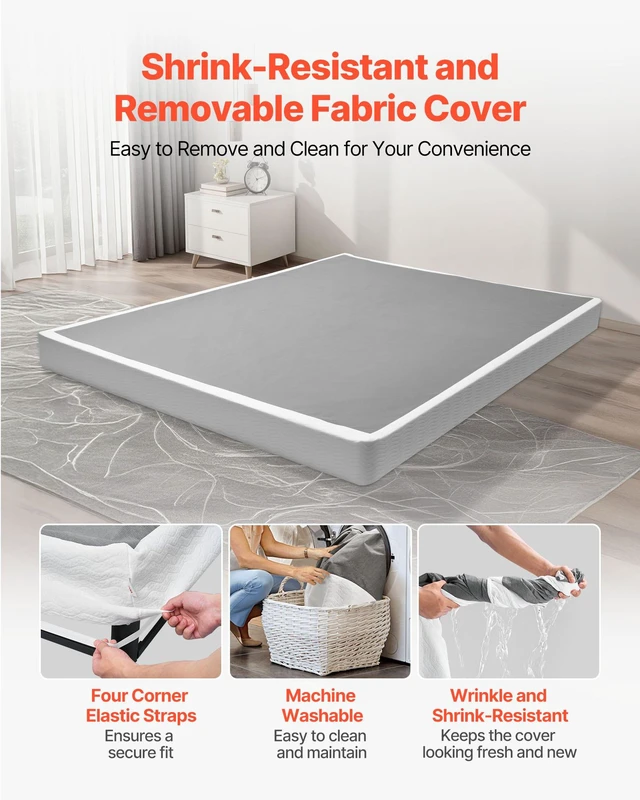 Alt view image 4 of 8 - VEVOR Box Spring, Queen Size Bed Frame with Washable Fabric Cloth, Heavy Duty Metal Frame for Queen Bed, 4 in Mattress Foundation, 3500 lbs Max Weight Capacity, Easy Assembly, 79.1 L x 59.4 W x 4 H in