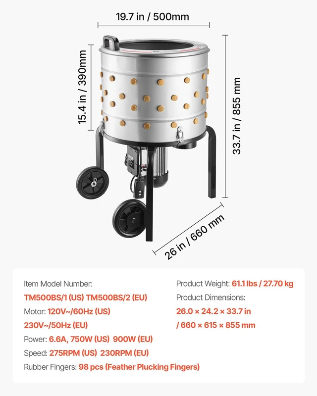 Alt view image 7 of 8 - VEVOR Chicken Plucker Machine, 19.7 in Drum, 750W & 275RPM Electric Chicken Plucking Machine with 98 Soft Fingers & Transport Wheels, Stainless Steel Feather Remover for Processing 2 Chicks Once