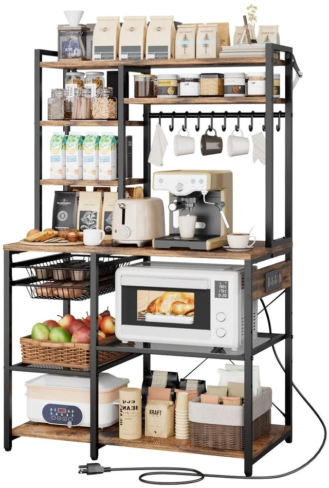 Main image of VEVOR Kitchen Bakers Rack, 5 ft Power Cable Bakers Rack with Power Outlet, Kitchen Stand with X-Shaped Support Bar, 10 S-Shaped Hooks, Coffee Bar Stand for Dishes, Spice Bottles, Built-In Power Strip