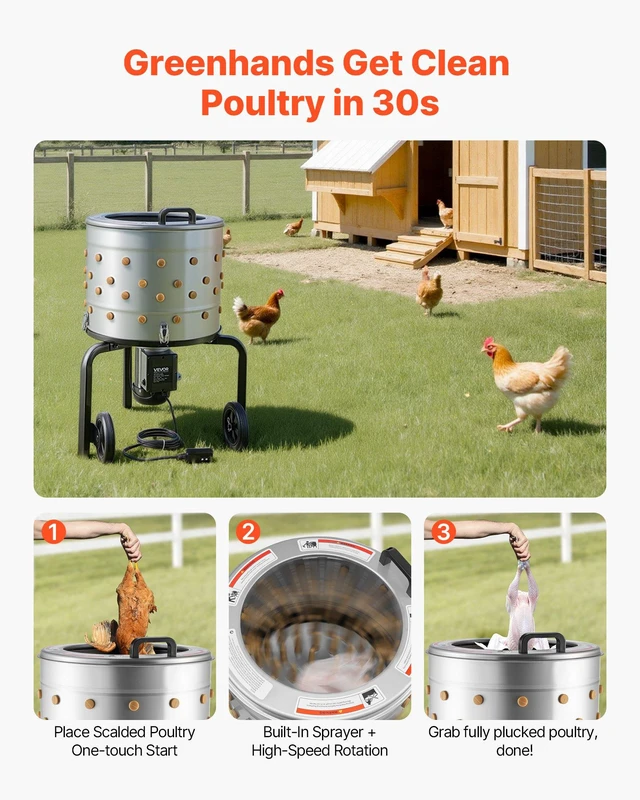 Alt view image 6 of 8 - VEVOR Chicken Plucker Machine, 19.7 in Drum, 750W & 275RPM Electric Chicken Plucking Machine with 98 Soft Fingers & Transport Wheels, Stainless Steel Feather Remover for Processing 2 Chicks Once