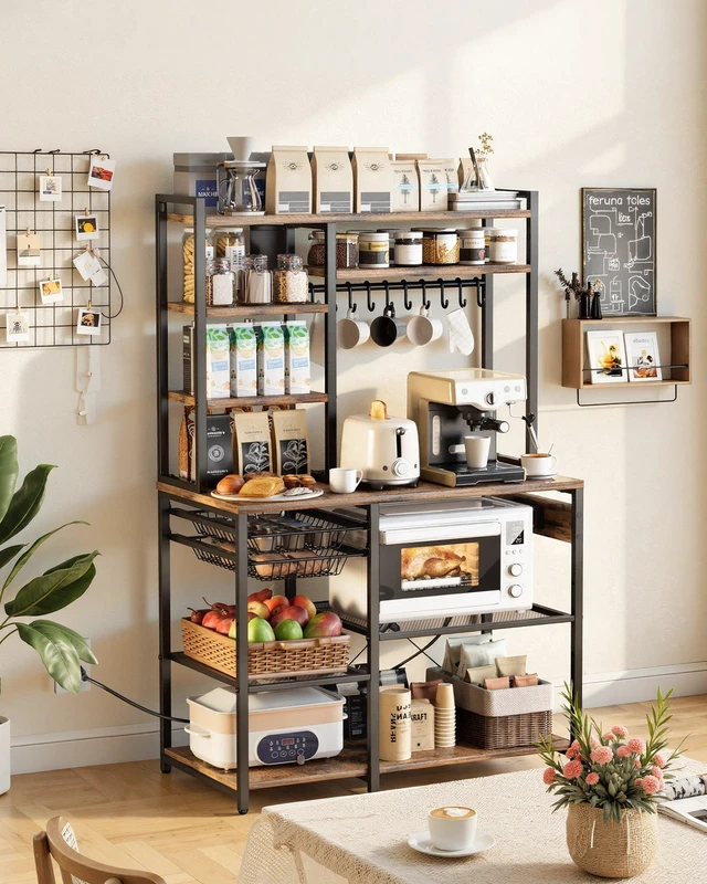 Alt view image 2 of 8 - VEVOR Kitchen Bakers Rack, 5 ft Power Cable Bakers Rack with Power Outlet, Kitchen Stand with X-Shaped Support Bar, 10 S-Shaped Hooks, Coffee Bar Stand for Dishes, Spice Bottles, Built-In Power Strip