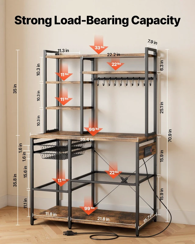 Alt view image 3 of 8 - VEVOR Kitchen Bakers Rack, 5 ft Power Cable Bakers Rack with Power Outlet, Kitchen Stand with X-Shaped Support Bar, 10 S-Shaped Hooks, Coffee Bar Stand for Dishes, Spice Bottles, Built-In Power Strip