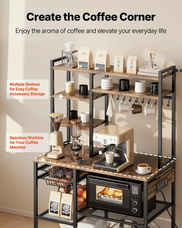 Alt view image 5 of 8 - VEVOR Kitchen Bakers Rack, 5 ft Power Cable Bakers Rack with Power Outlet, Kitchen Stand with X-Shaped Support Bar, 10 S-Shaped Hooks, Coffee Bar Stand for Dishes, Spice Bottles, Built-In Power Strip