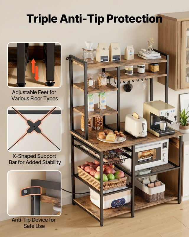 Alt view image 7 of 8 - VEVOR Kitchen Bakers Rack, 5 ft Power Cable Bakers Rack with Power Outlet, Kitchen Stand with X-Shaped Support Bar, 10 S-Shaped Hooks, Coffee Bar Stand for Dishes, Spice Bottles, Built-In Power Strip