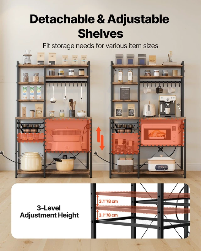 Alt view image 6 of 8 - VEVOR Kitchen Bakers Rack, 5 ft Power Cable Bakers Rack with Power Outlet, Kitchen Stand with X-Shaped Support Bar, 10 S-Shaped Hooks, Coffee Bar Stand for Dishes, Spice Bottles, Built-In Power Strip