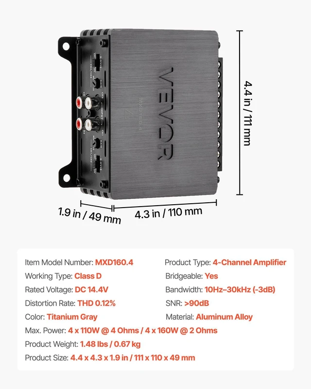Alt view image 7 of 8 - VEVOR 4 Channel Car Audio Amplifier 2 Ohm Stable Bridgeable Class D Full Range Amp Max Power 4 x 110W @ 4 Ohm / 4 x 160W @ 2 Ohm for Car SUV Truck Off-Road