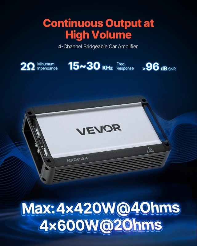 Alt view image 2 of 8 - VEVOR 4 Channel Car Audio Amplifier 2 Ohm Stable Bridgeable Class D Full Range Amp Max Power 4 x 420W @ 4 Ohm / 4 x 600W @ 2 Ohm for Car SUV Truck Off-Road