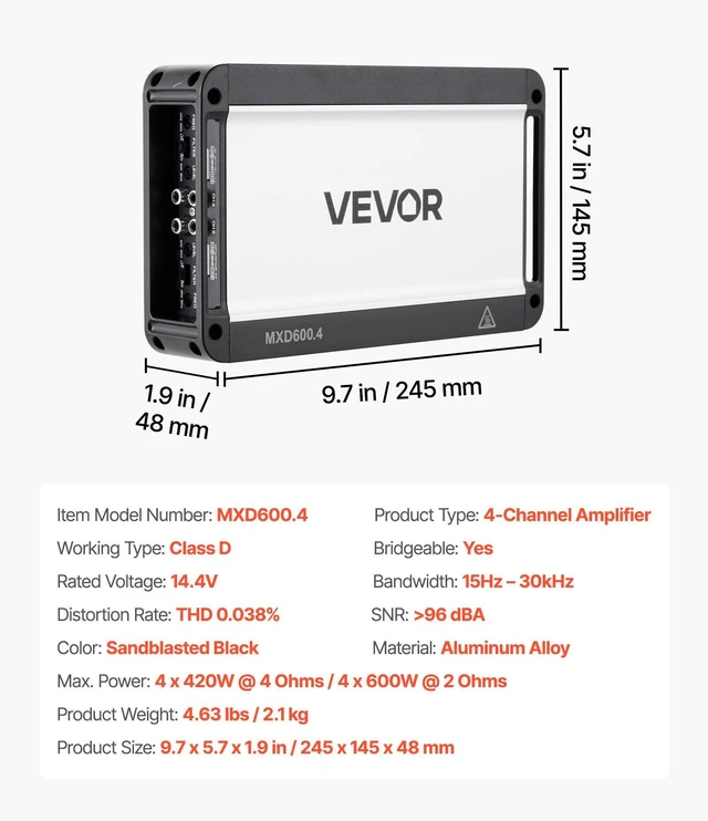 Alt view image 7 of 8 - VEVOR 4 Channel Car Audio Amplifier 2 Ohm Stable Bridgeable Class D Full Range Amp Max Power 4 x 420W @ 4 Ohm / 4 x 600W @ 2 Ohm for Car SUV Truck Off-Road