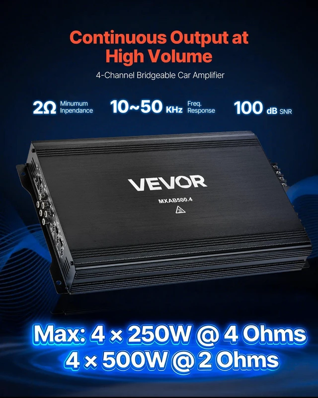 Alt view image 2 of 8 - VEVOR 4 Channel Car Audio Amplifier 2 Ohm Stable Bridgeable Class A/B Full Range Amp Max Power 4 x 250W @ 4 Ohm / 4 x 500W @ 2 Ohm for Car SUV Truck Off-Road