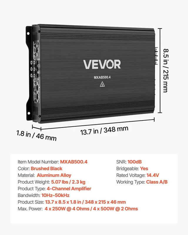 Alt view image 7 of 8 - VEVOR 4 Channel Car Audio Amplifier 2 Ohm Stable Bridgeable Class A/B Full Range Amp Max Power 4 x 250W @ 4 Ohm / 4 x 500W @ 2 Ohm for Car SUV Truck Off-Road